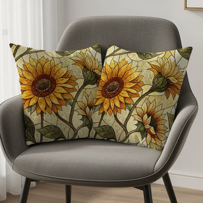 Sunflower Stained Glass Style Pattern Golden Background Throw Pillows - Walk Greener