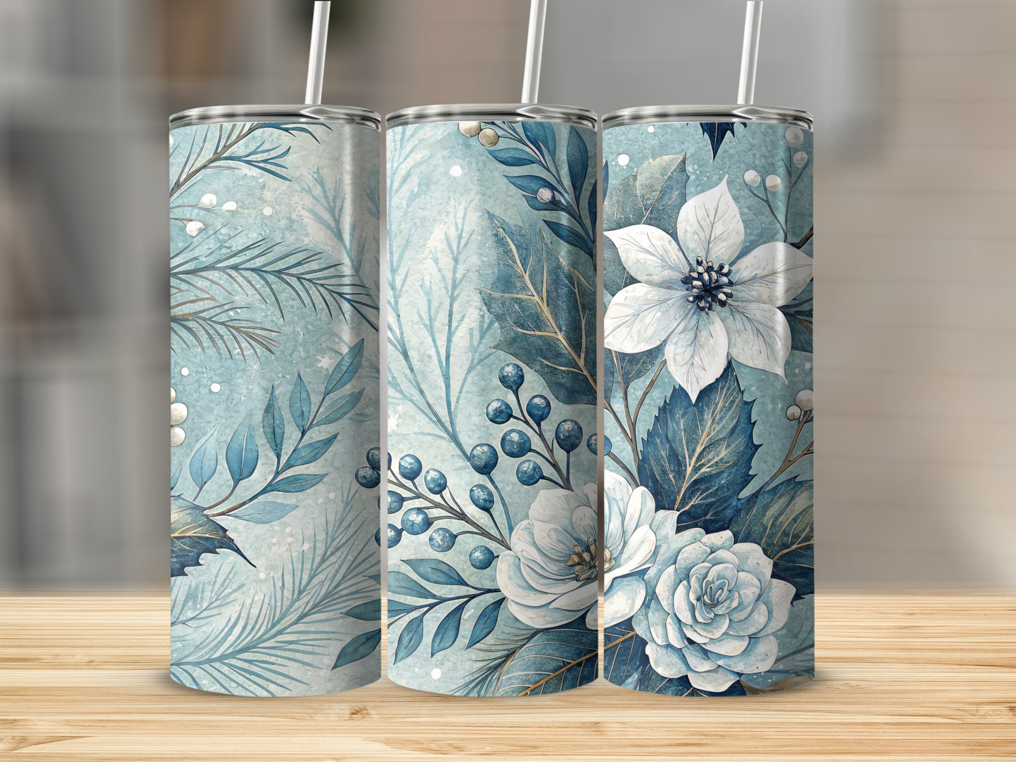 Blue Floral Tumbler with Elegant Nature Pattern
