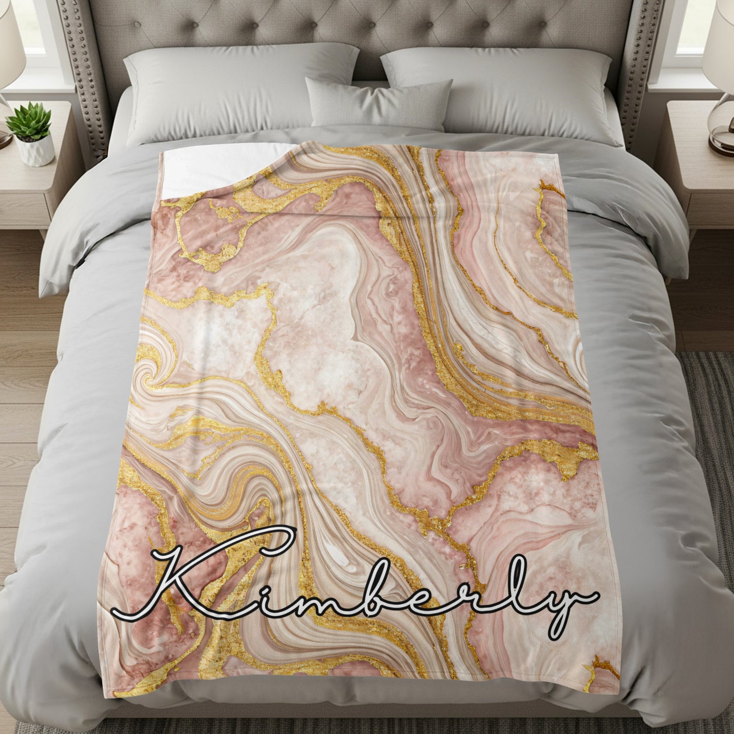 Pink Marble with Golden Veins Custom Name Blanket - Walk Greener