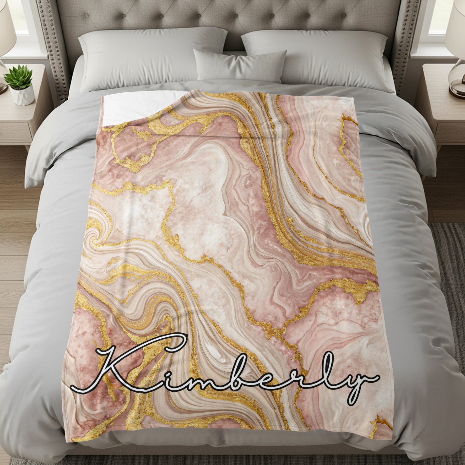Pink Marble with Golden Veins Custom Name Blanket - Walk Greener