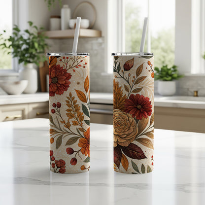 Floral Autumn Design Insulated Tumbler with Straw