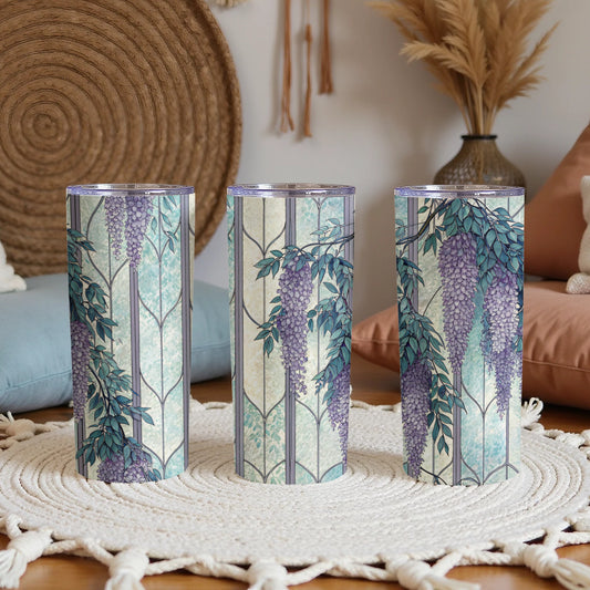 Wisteria Flowers At Faux Stained Glass Window 20 oz Skinny Tumbler - Walk Greener