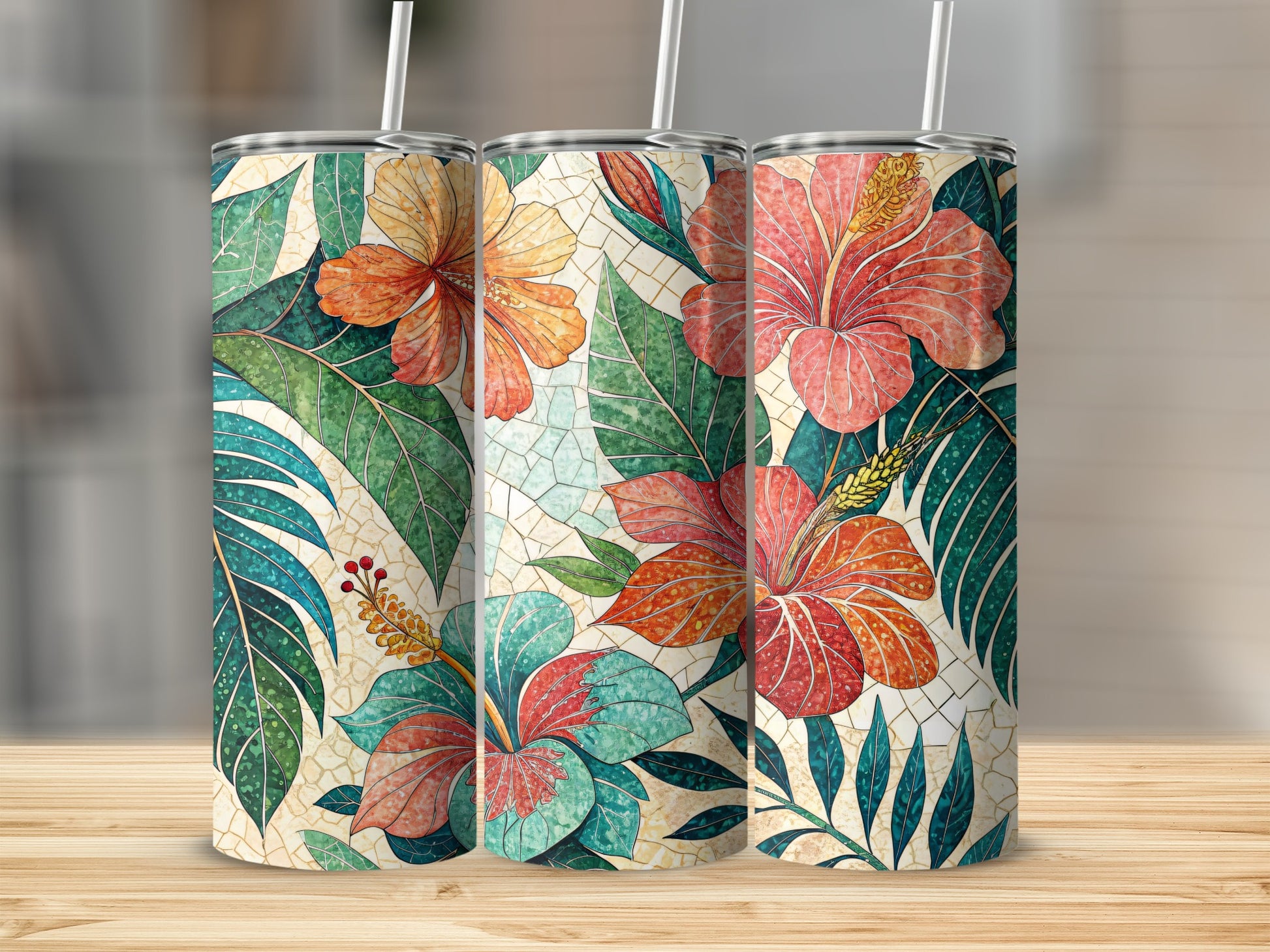 Hibiscus Flowers with Mosaic Background Illustration 20 oz Skinny Tumbler - Walk Greener