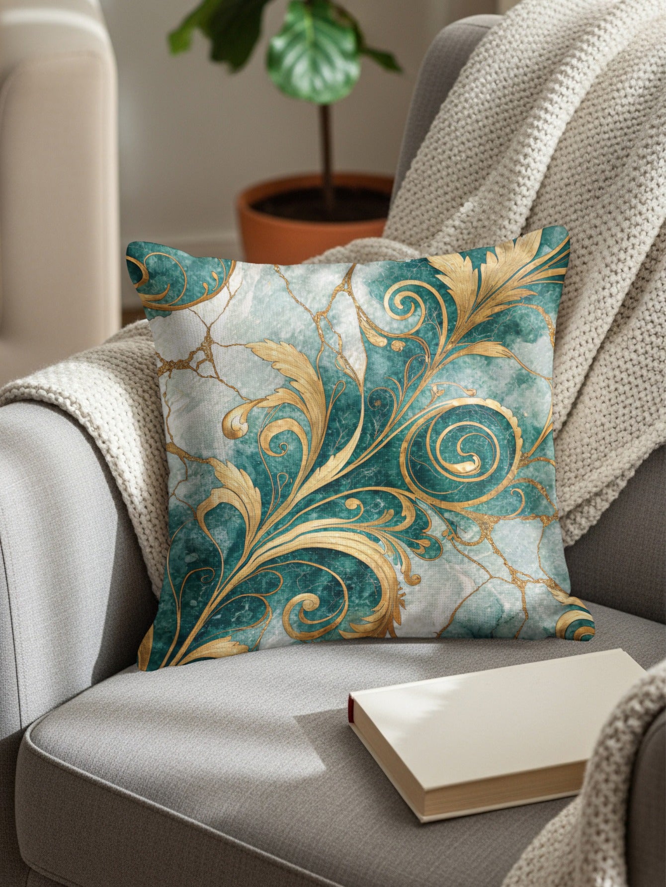 Teal and Gold Floral Pattern Elegant Decorative Floral Throw Pillows - Walk Greener