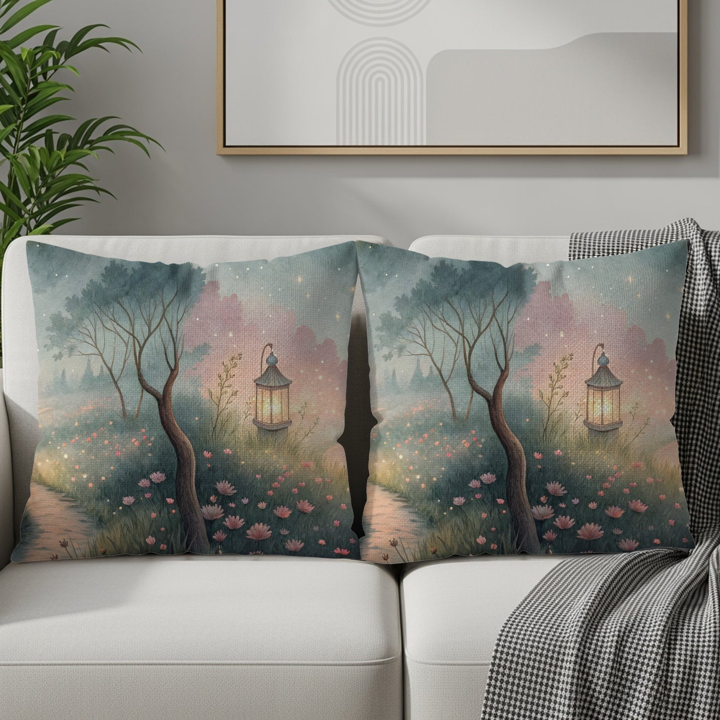 Enchanting Lantern and Forest Scene Throw Pillow Set