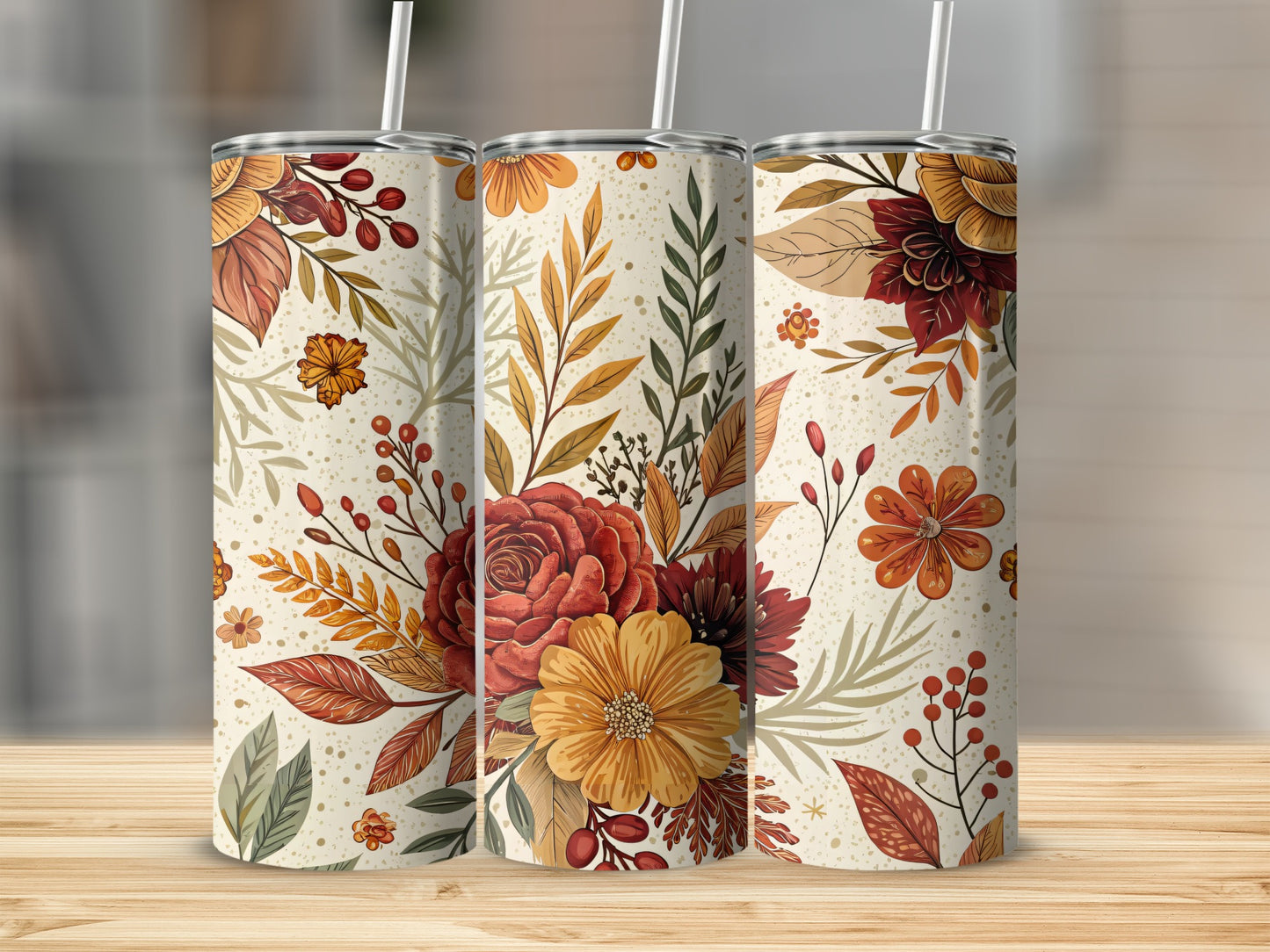 Autumn Floral Pattern Tall Drinkware With Straw