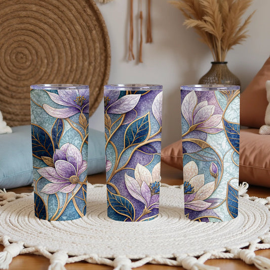 Elegant Magnolia Floral Design Gold Vein on Tumbler - Walk Greener