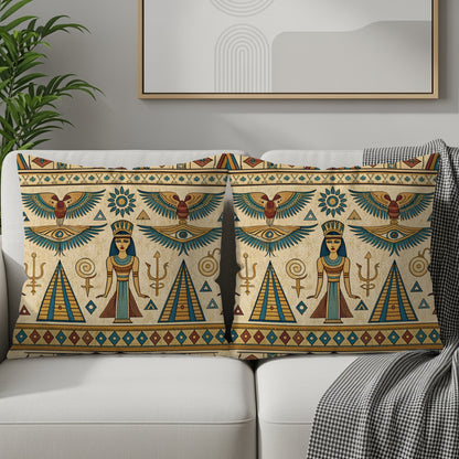 Egyptian Ancient Style Figures Symbols Teal Gold Pillows & Pillow Cases - Walk Greener