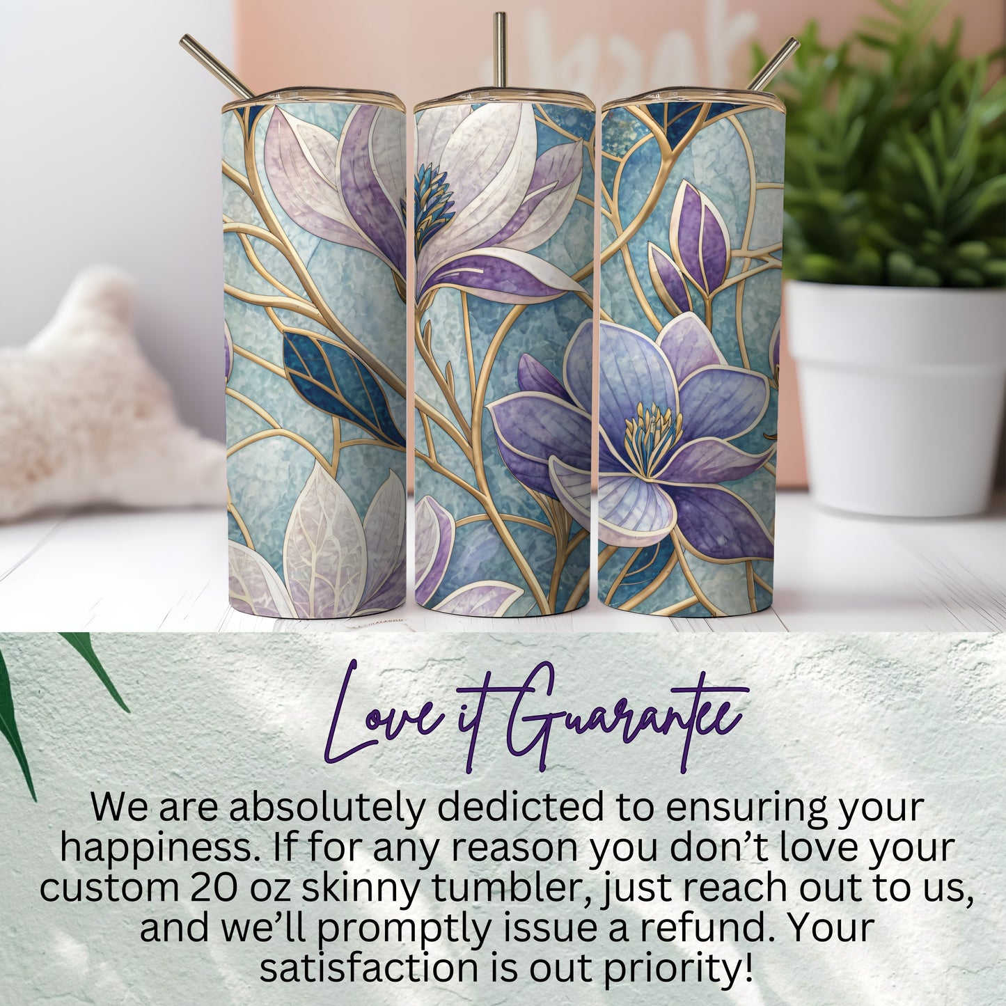 Floral Elegance Blue and Purple Magnolias 20 oz Skinny Tumbler - Walk Greener