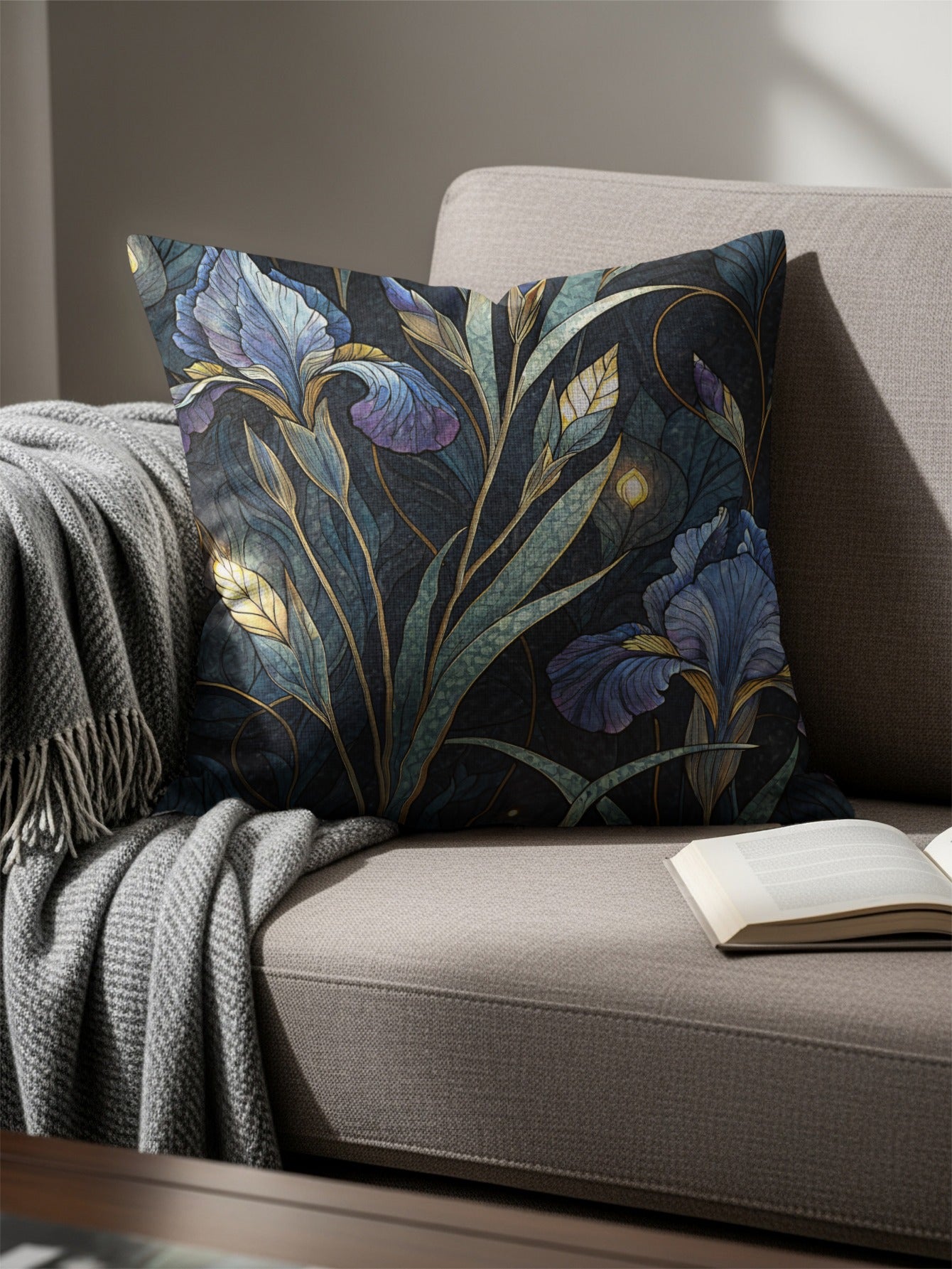 Elegant Iris Floral Pattern in Blue and Gold Throw Pillows - Walk Greener