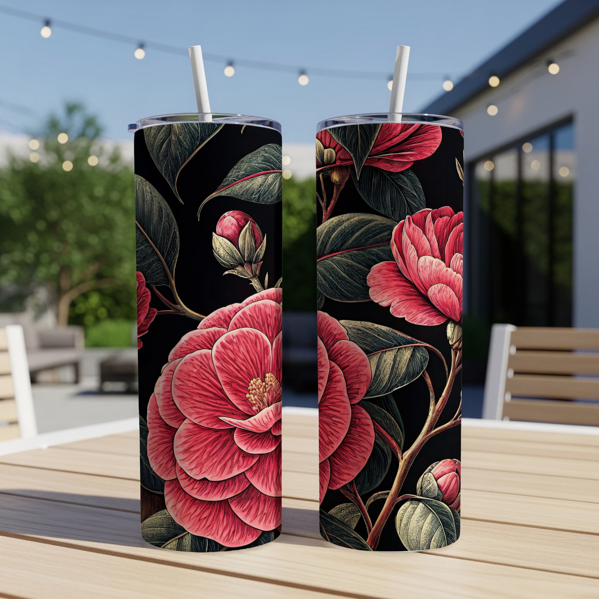 Floral Print Tumbler with Red and Green Leaf Design