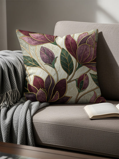 Maroon Flowers Golden Outlines on White Pattern Throw Pillows - Walk Greener