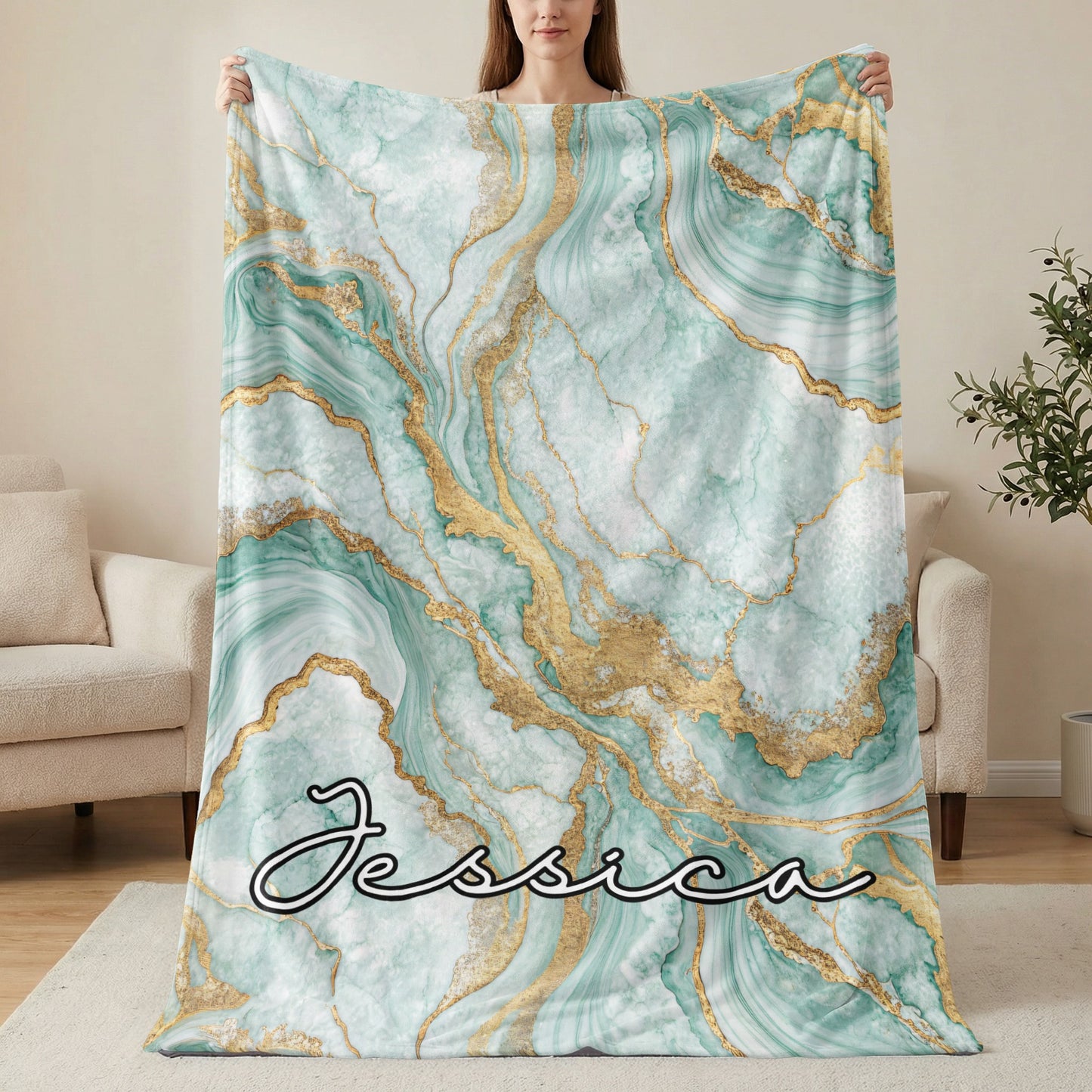 Custom Green and Gold Marble Blanket Personalized Gift