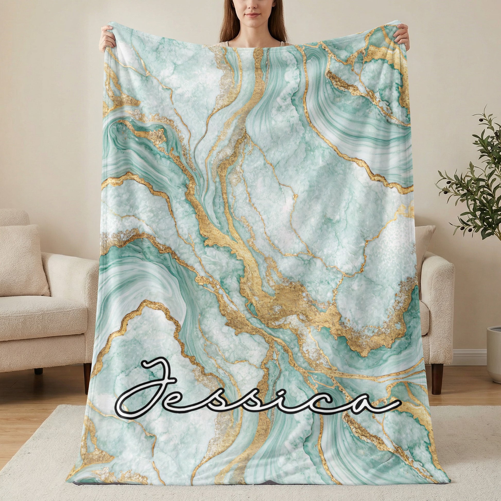 Custom Green and Gold Marble Blanket Personalized Gift