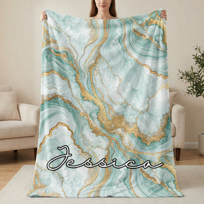 Custom Green and Gold Marble Blanket Personalized Gift