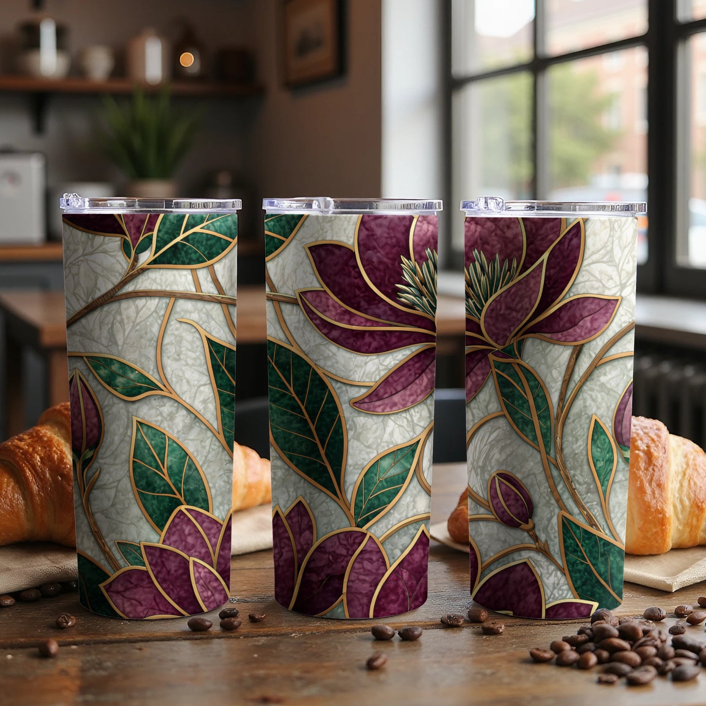 Magnolia Floral Green Leaves Burgundy Petals 20 oz Skinny Tumbler - Walk Greener