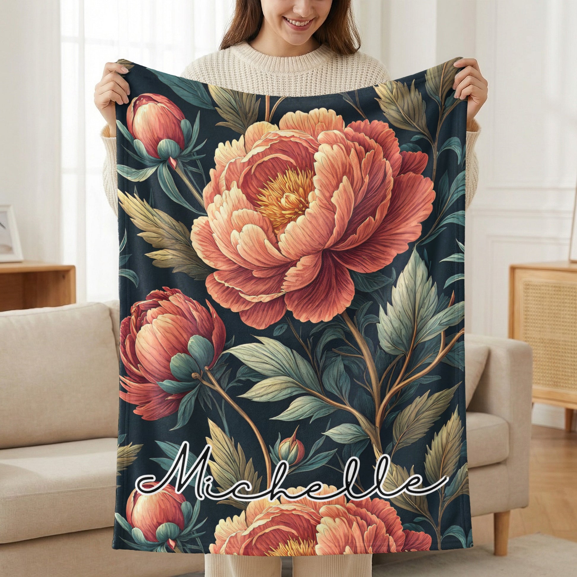 Floral Peonies Personalized Custom Name Blanket Special - Walk Greener