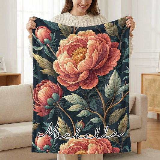 Floral Peonies Personalized Custom Name Blanket Special - Walk Greener