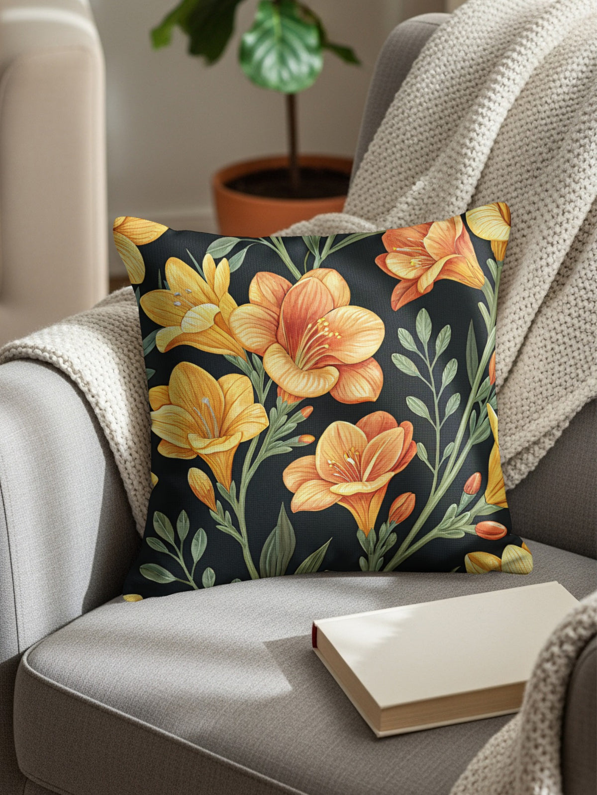 Yellow Orange Floral Pattern Dark Background Decorative Floral Throw Pillows - Walk Greener