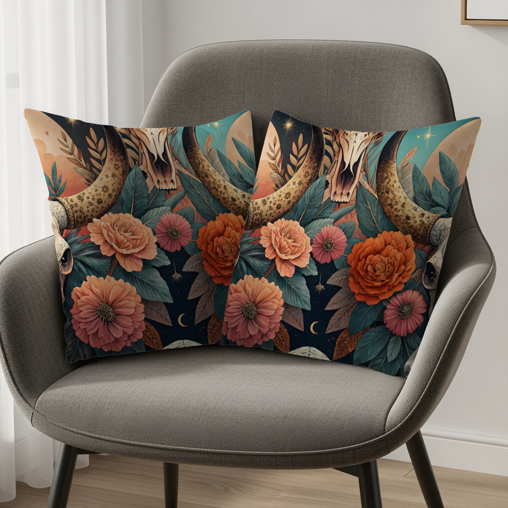 Floral Skull and Antlers Decorative Pillow Set