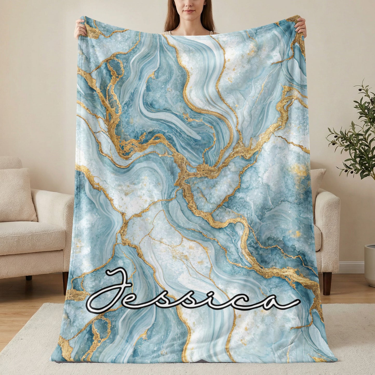 Abstract Blue Gold Custom Name Blanket Personalized - Walk Greener