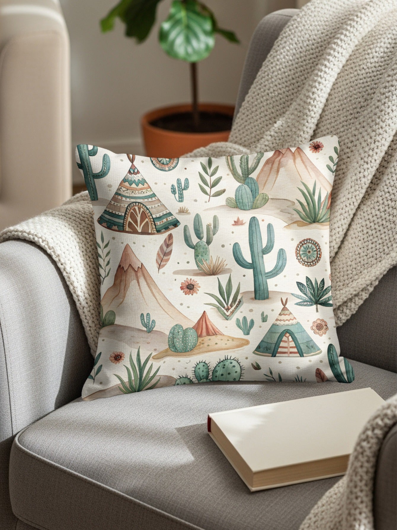 Boho Chic Desert Cactus Patterned Throw Pillow Cover