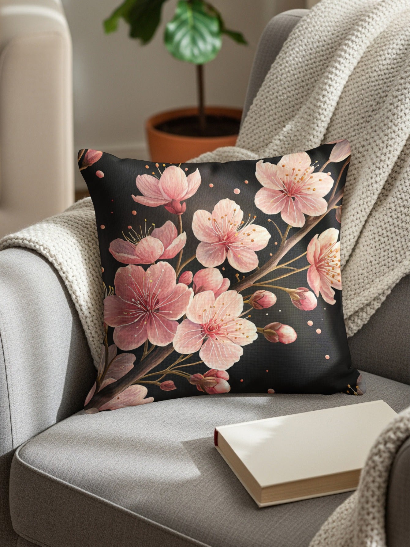 Dark Cherry Blossom Floral Branch Decorative Floral Throw Pillows - Walk Greener
