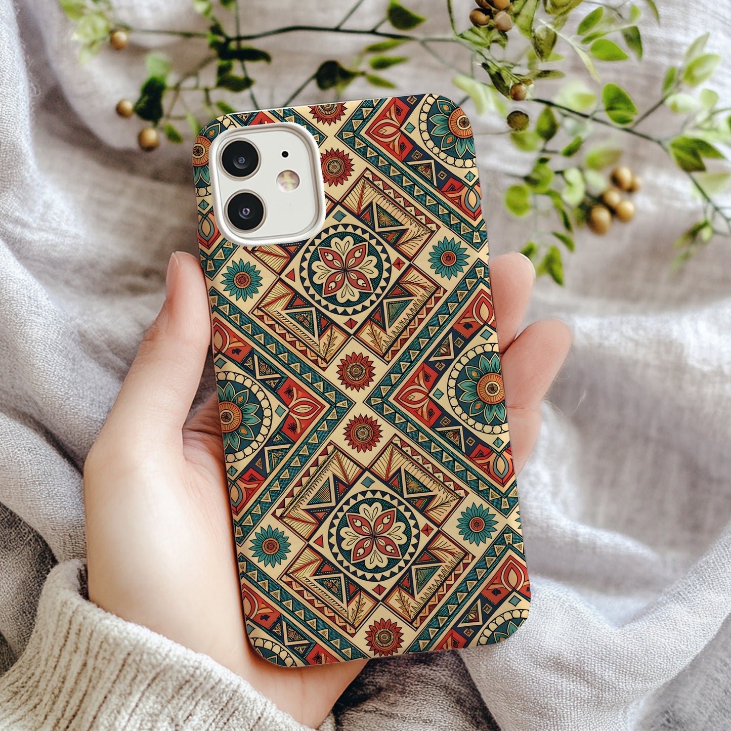 Vintage Geometric Patterned iPhone Case with Floral Designs