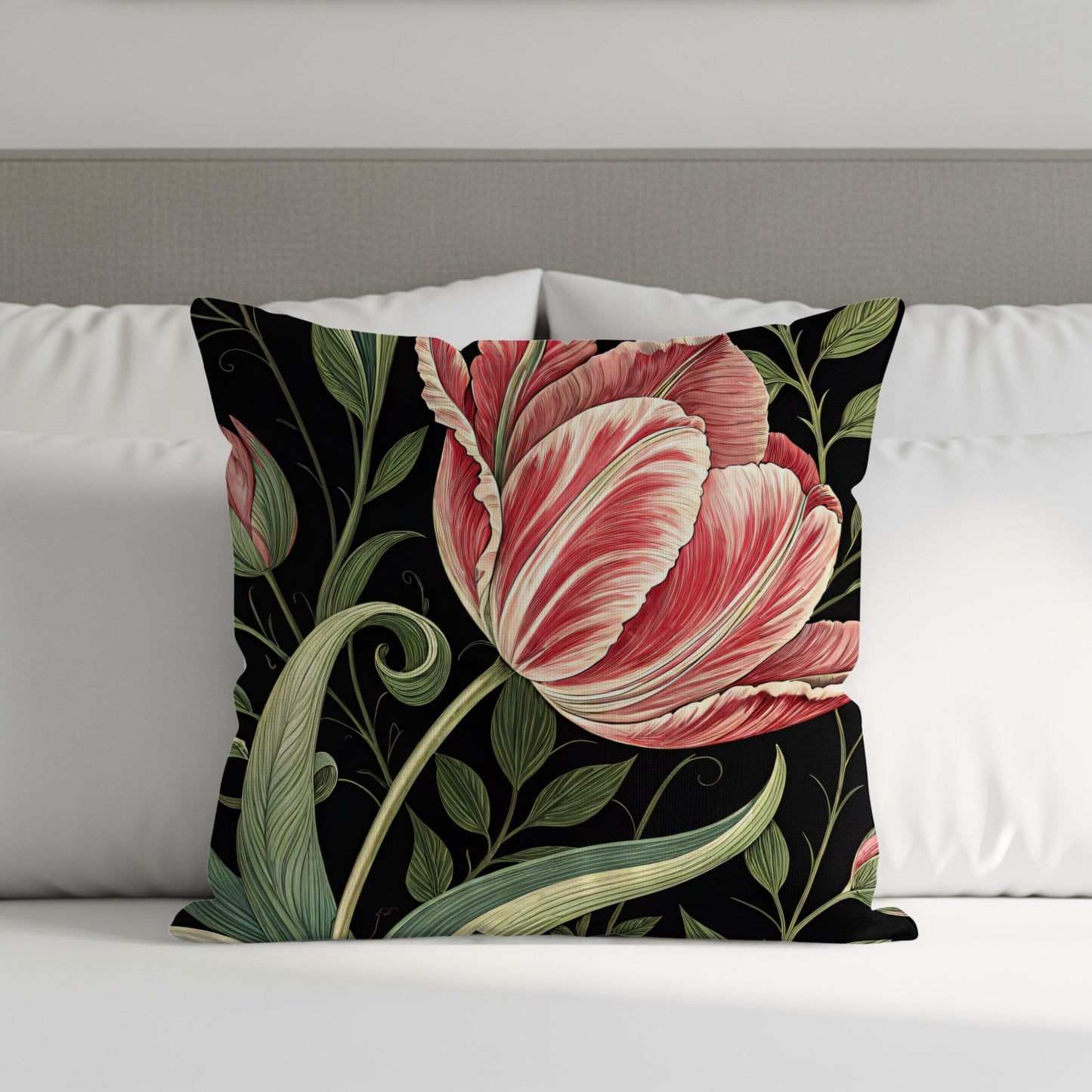 Red White Tulips a Dark Backdrop Decorative Floral Throw Pillows - Walk Greener