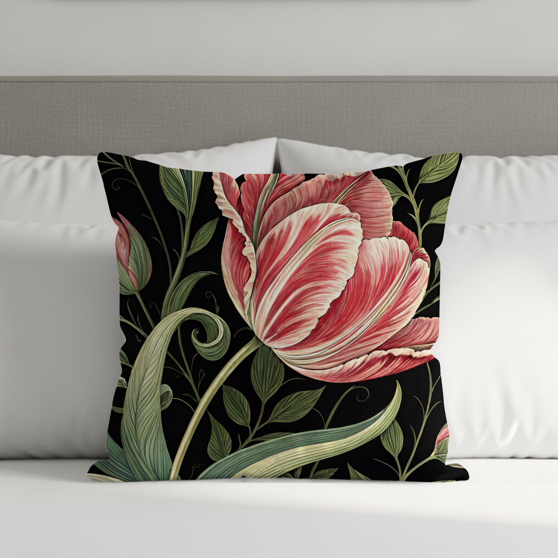 Red White Tulips a Dark Backdrop Decorative Floral Throw Pillows - Walk Greener