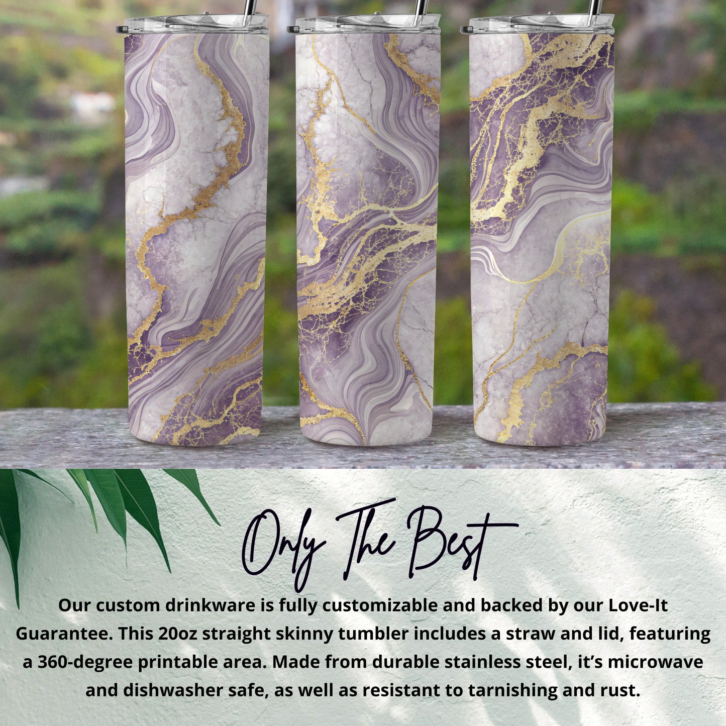 Elegant Marble Design 20oz Skinny Tumbler with Straw