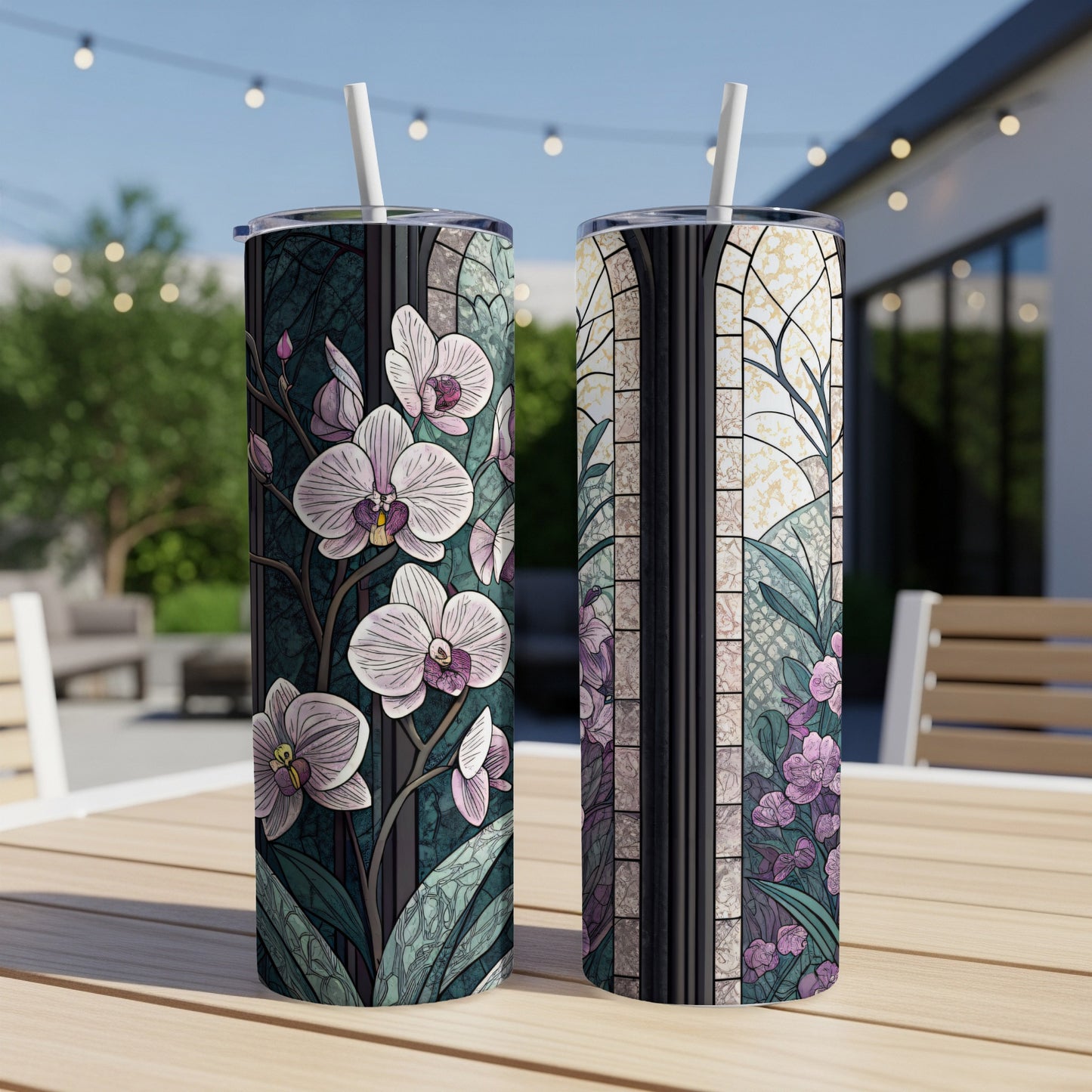 Stained Glass with Orchids and Blooms Pattern Art 20 oz Skinny Tumbler - Walk Greener