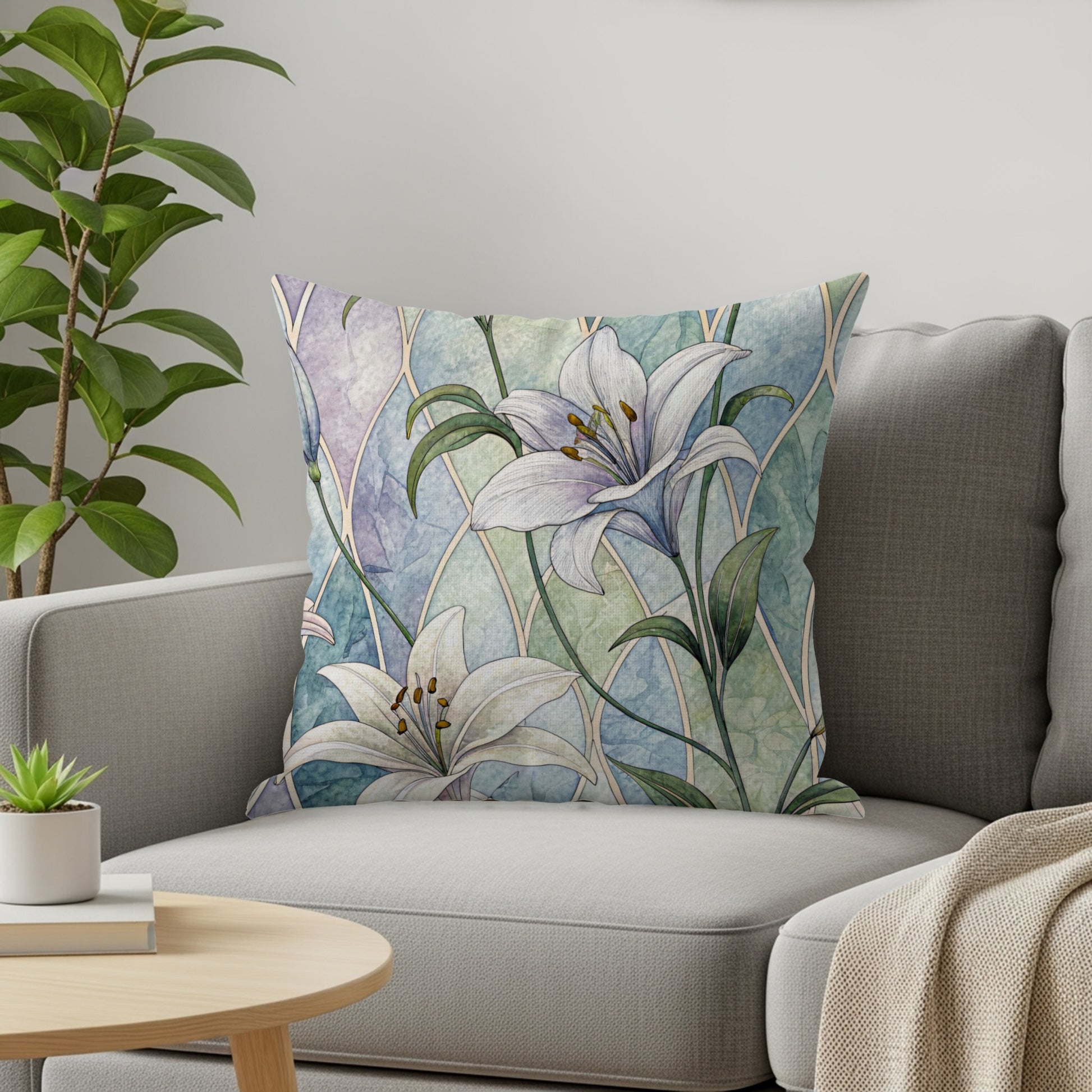 Pastel Lily Pattern Against Blue Green Arches Throw Pillows - Walk Greener