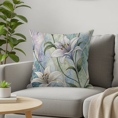 Pastel Lily Pattern Against Blue Green Arches Throw Pillows - Walk Greener
