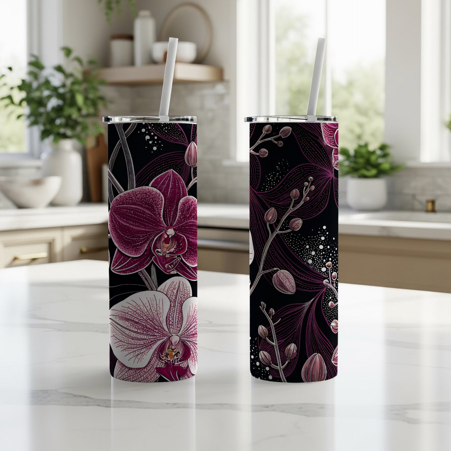 Stylish Black Tumbler With Pink Orchid Flower Design