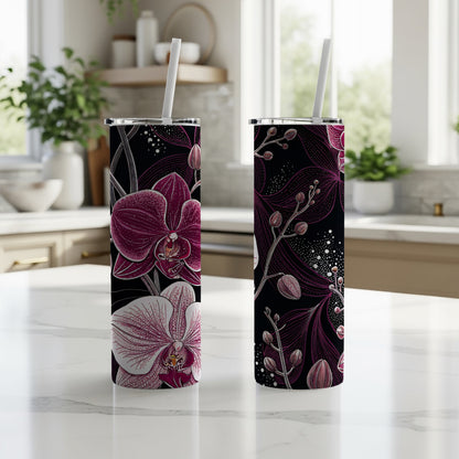 Stylish Black Tumbler With Pink Orchid Flower Design