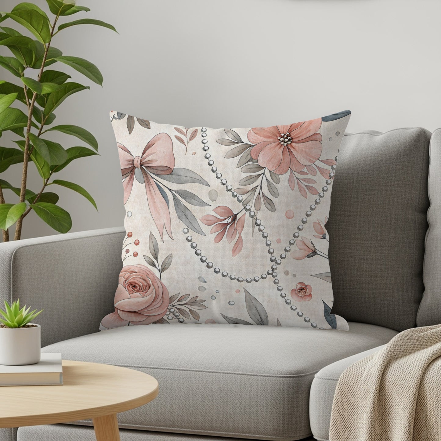 Elegant Floral and Bow Design Throw Pillow Cover