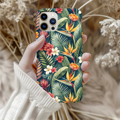 Tropical botanical phone case shown with camera cutout and green palm leaf detail.