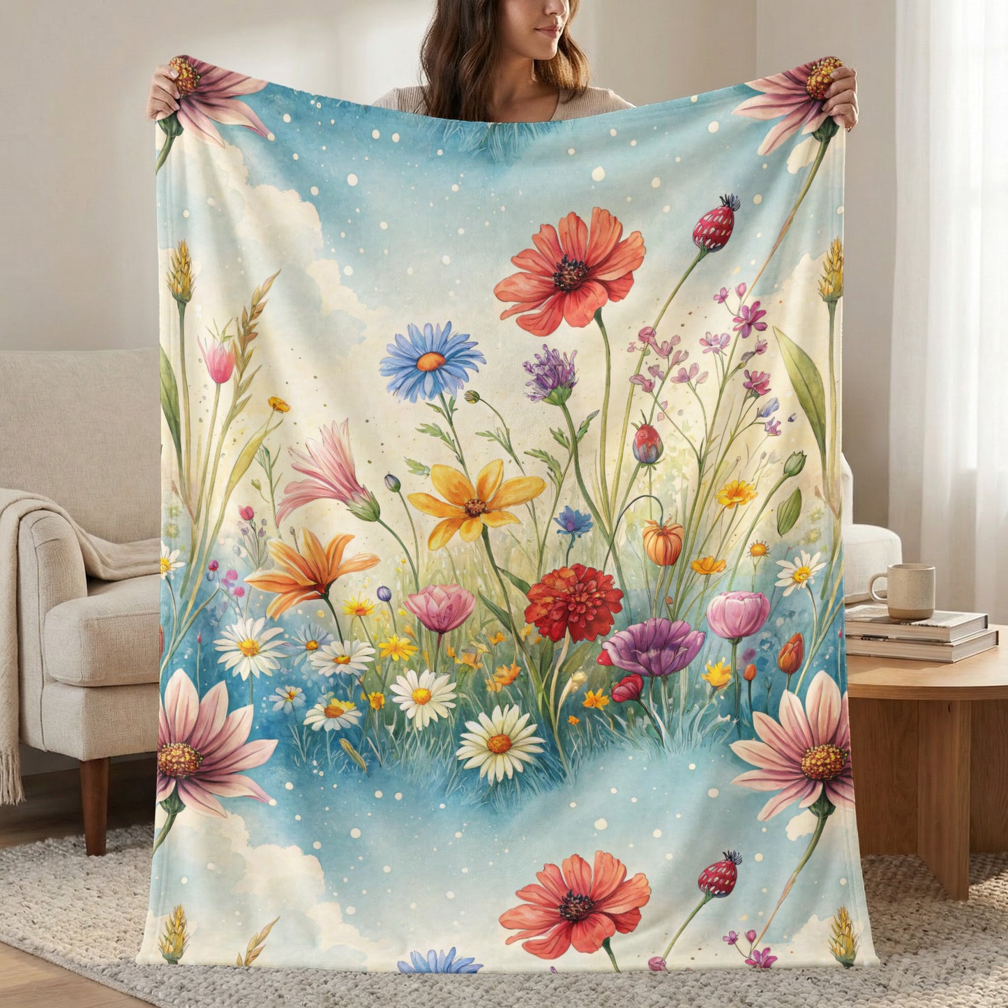 Watercolor Meadow in Sky With Flowers Velveteen Plush Blankets - Walk Greener