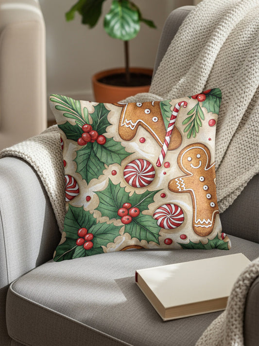 Gingerbread Man and Candy Holiday Themed Pattern Throw Pillows - Walk Greener