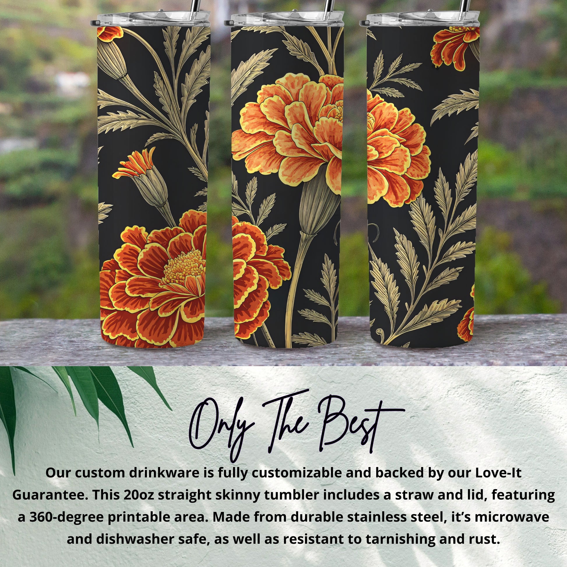 Floral Fiesta A Dark Blooming Marigolds Pattern Tumblers - Walk Greener