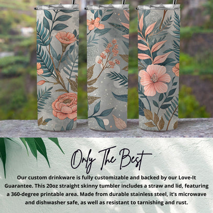 White straw and lid detail on a floral-patterned stainless steel skinny tumbler with pink roses and teal leaves against a grey background.