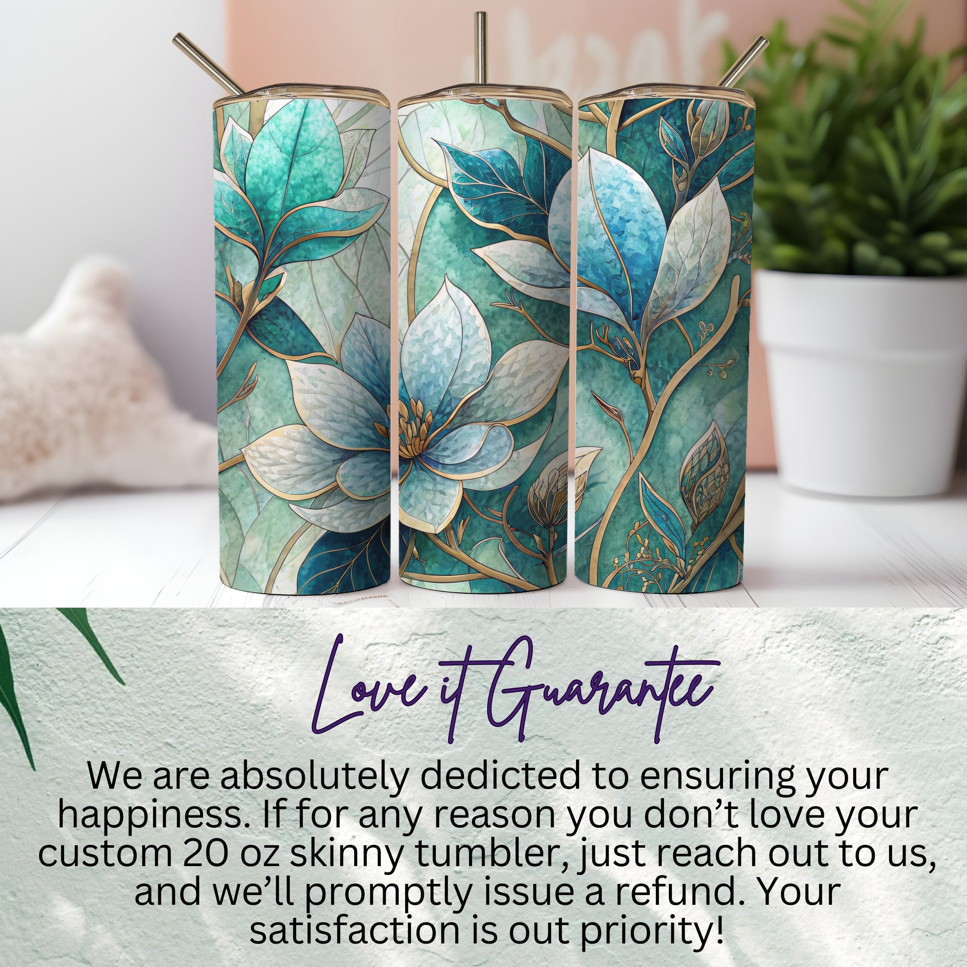 Teal And Gold Floral Watercolor Pattern 20 oz Skinny Tumbler - Walk Greener
