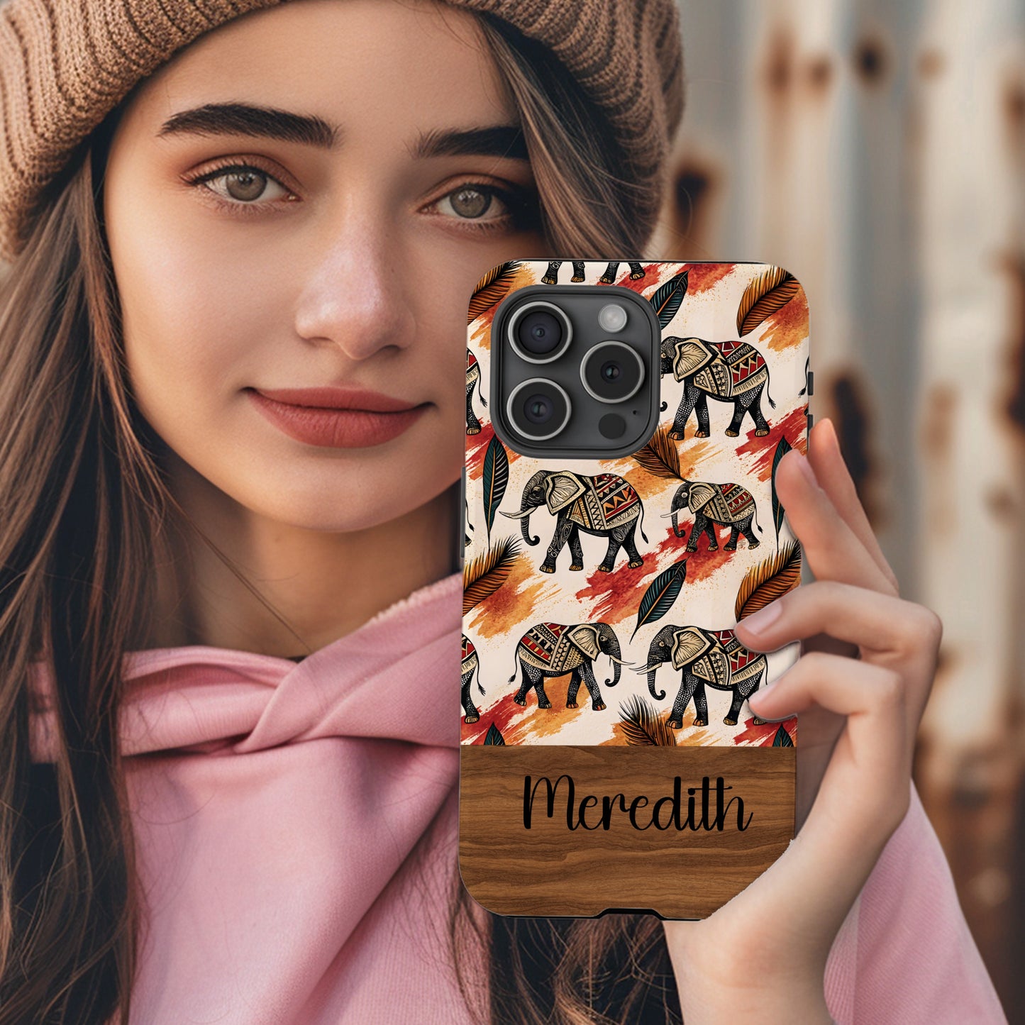 Custom Elephant Pattern Phone Case with Name Meredith