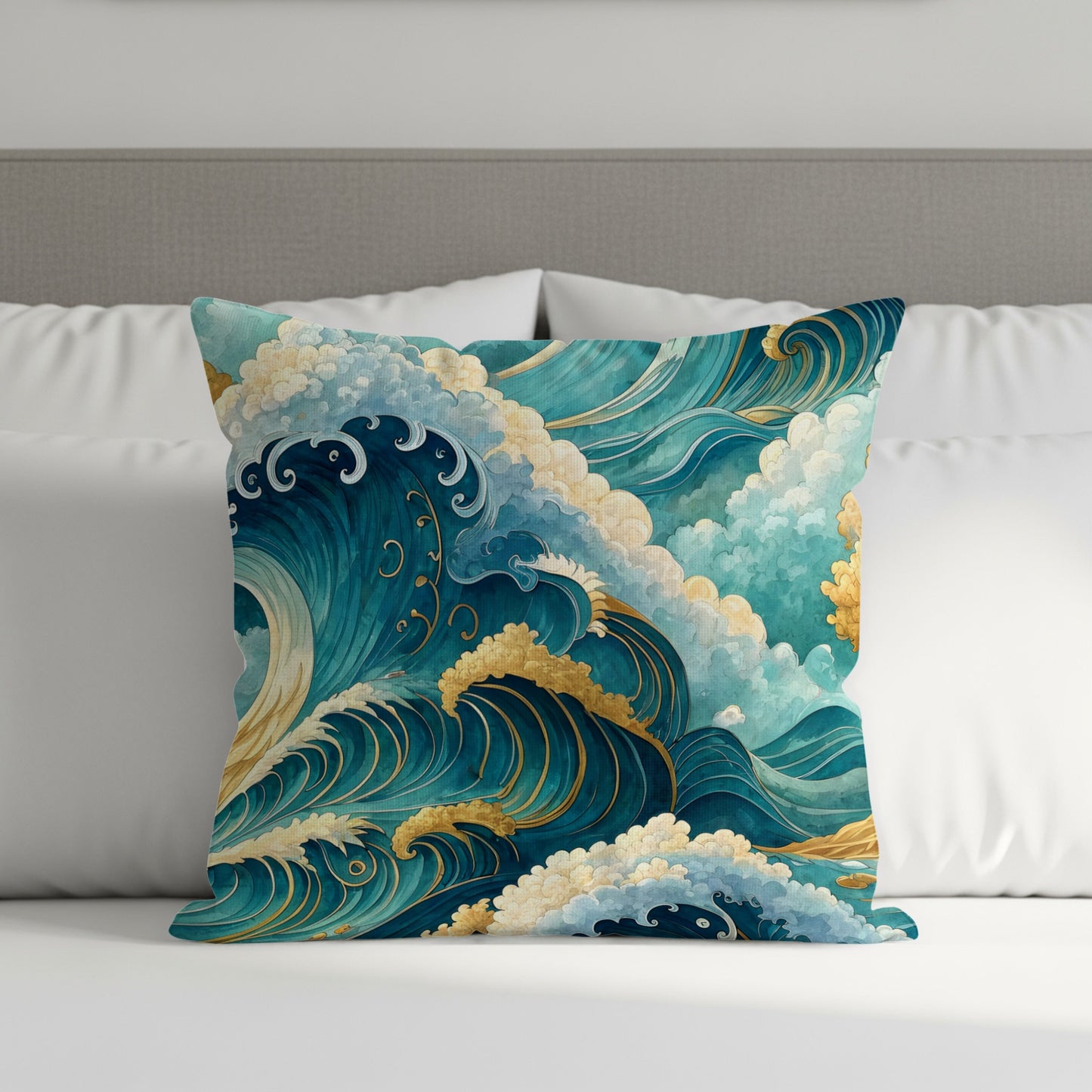 Japanese Inspired Artistic Ocean Waves Design Throw Pillows - Walk Greener