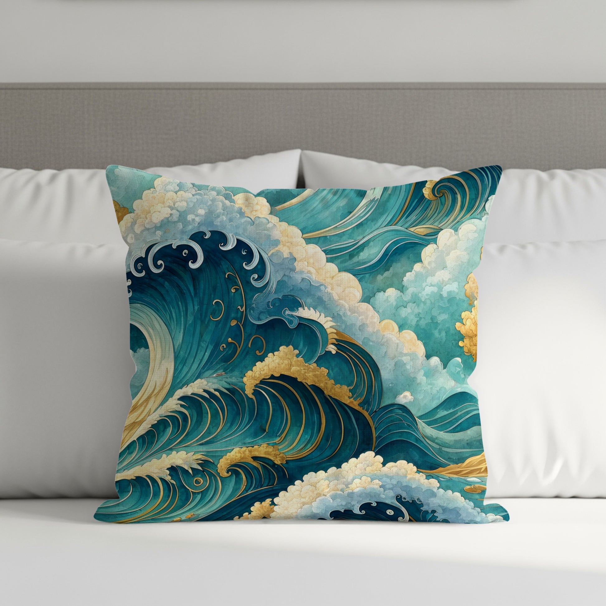 Japanese Inspired Artistic Ocean Waves Design Throw Pillows - Walk Greener