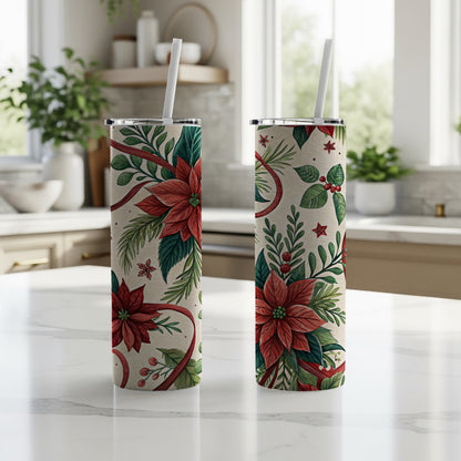 Festive Poinsettia and Ferns Insulated Tumbler