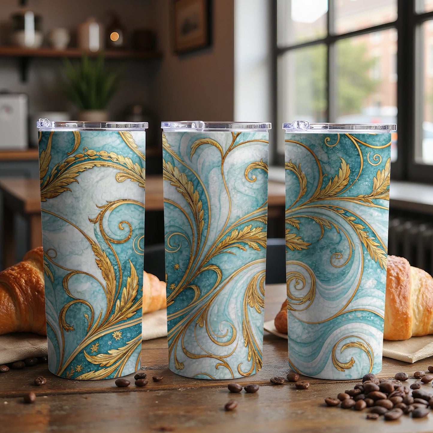 Elegant Teal and Gold Swirl Pattern Tumbler