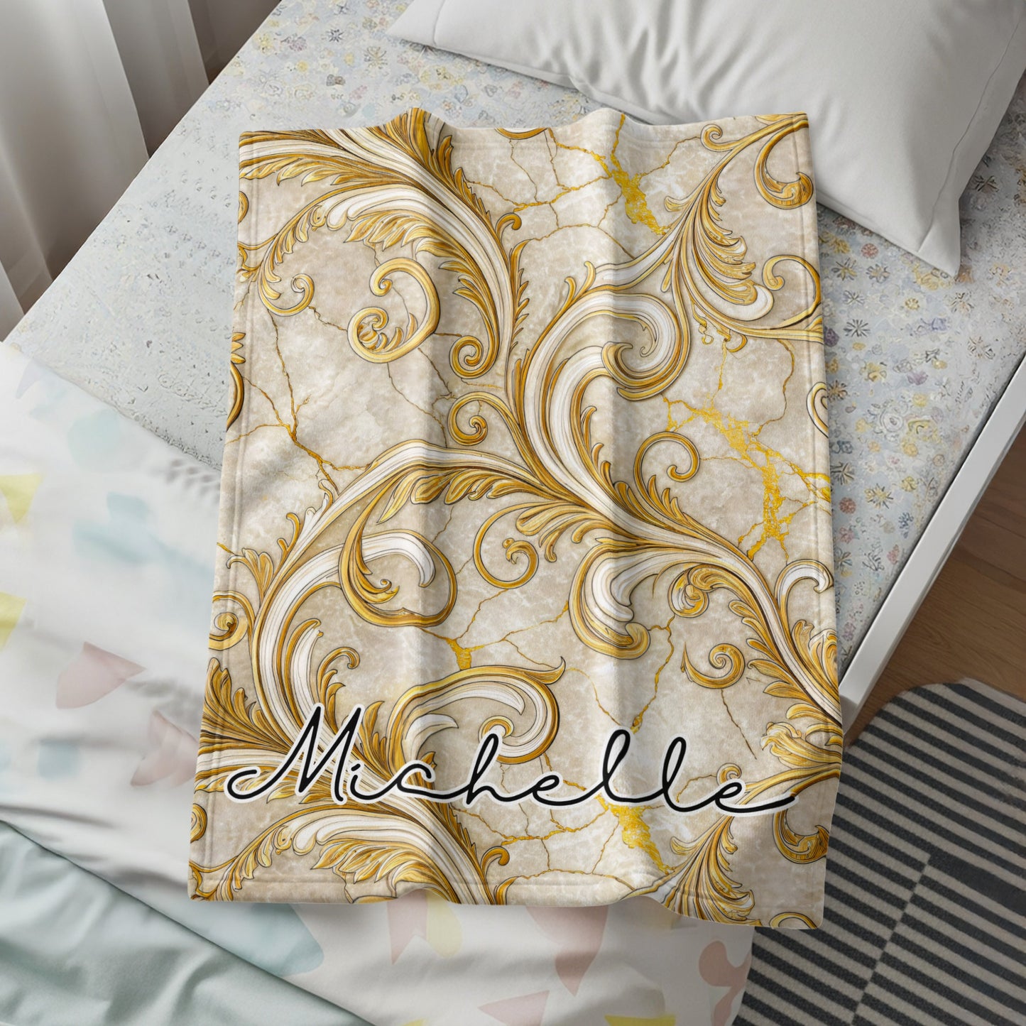 Personalized Gold and White Leaf Design Blanket