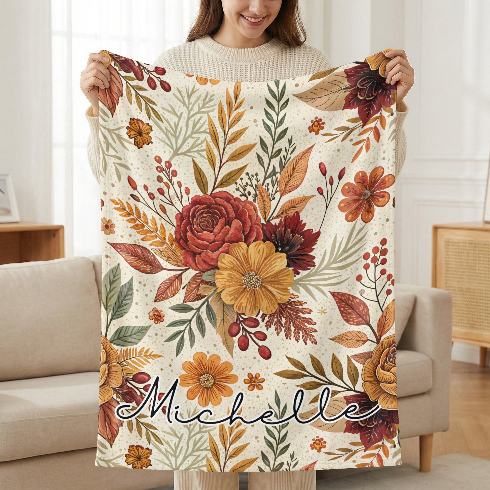 Personalized Autumn Floral Blanket with Name Michelle